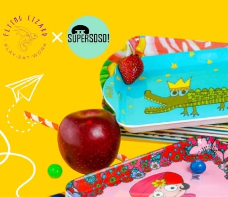 Colourful Flying Lizard x SUPERSOSO kids' trays with fresh fruit